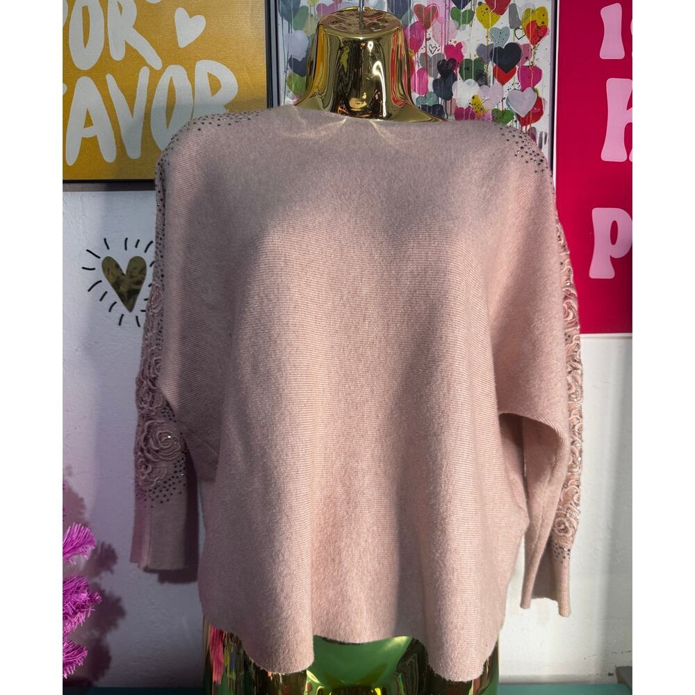 LIV Milano‎ Pink Knit Sweater Size L - Lace & Rhinestone Detail - Gently Used